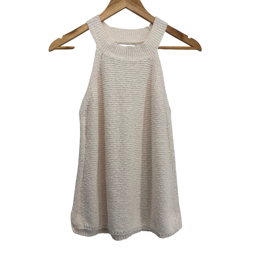 Evereve Women High Neck Halter Sweater Tank Cream 100% Cotton Knit Large Neutral